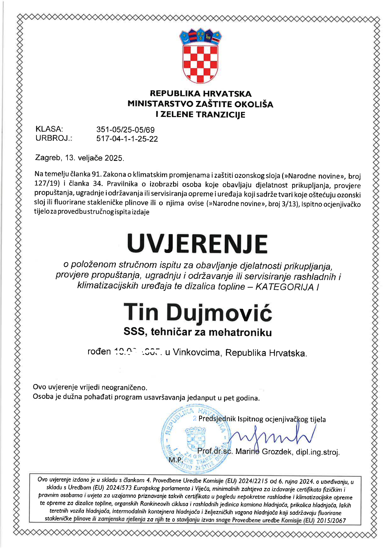 Government certificate for installation, servicing and maintenance of refrigeration, air-conditioning and heat-pump systems.