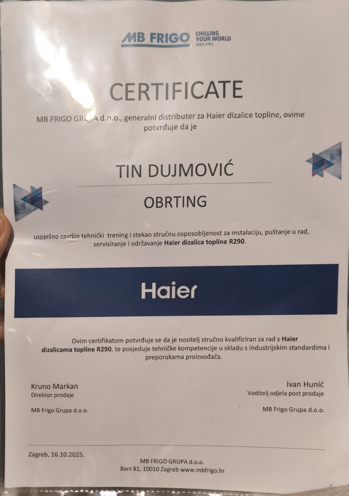 MB Frigo heat pump certificate