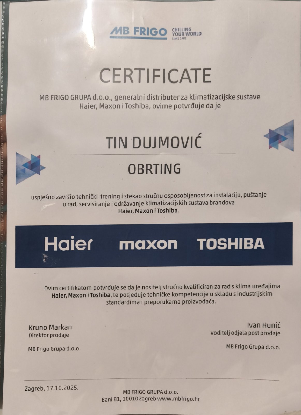 MB Frigo air conditioning certificate