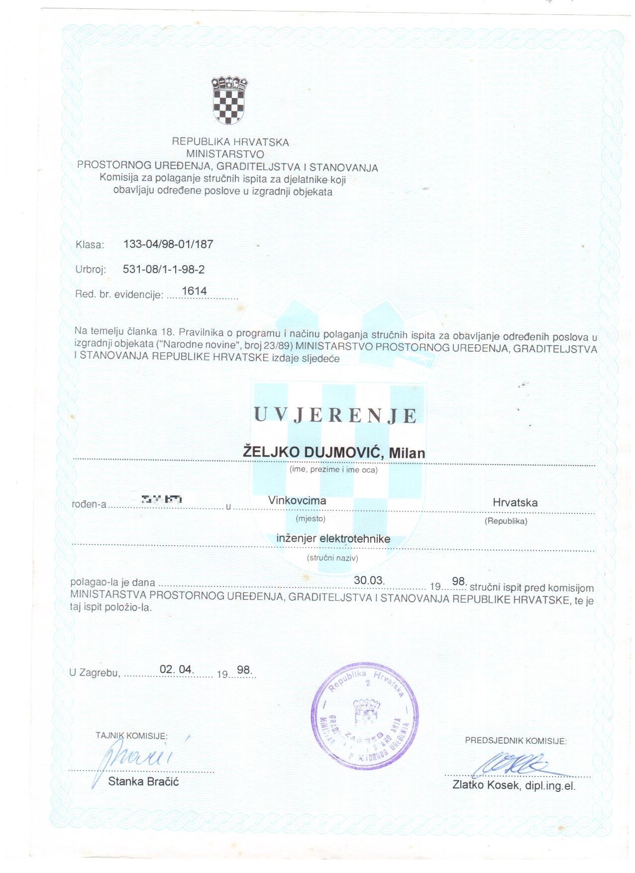 Construction professional exam certificate